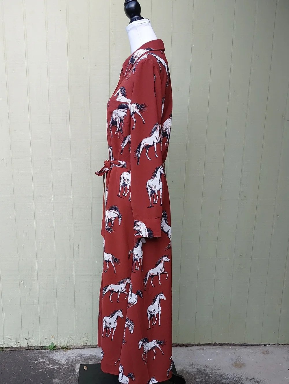 Cotton & Rye Brown White Horse Print Waist Tie Midi Dress Sz L
